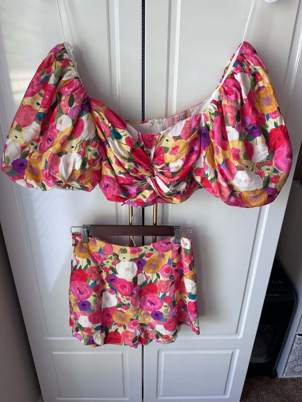 Pippa & Pearl Garden Party Puff Sleeve Short Set Size M Floral Crop Top